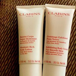 Clarins Moisture-Rich body lotion& Clarins Exfoliating Body Scrub for smoothskin